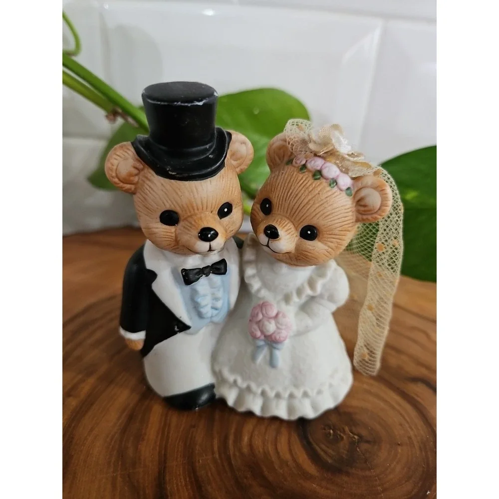 Vtg Homco Figurine Porcelain Teddy Bear & Bride Groom #1424 Wedding Cake Topper